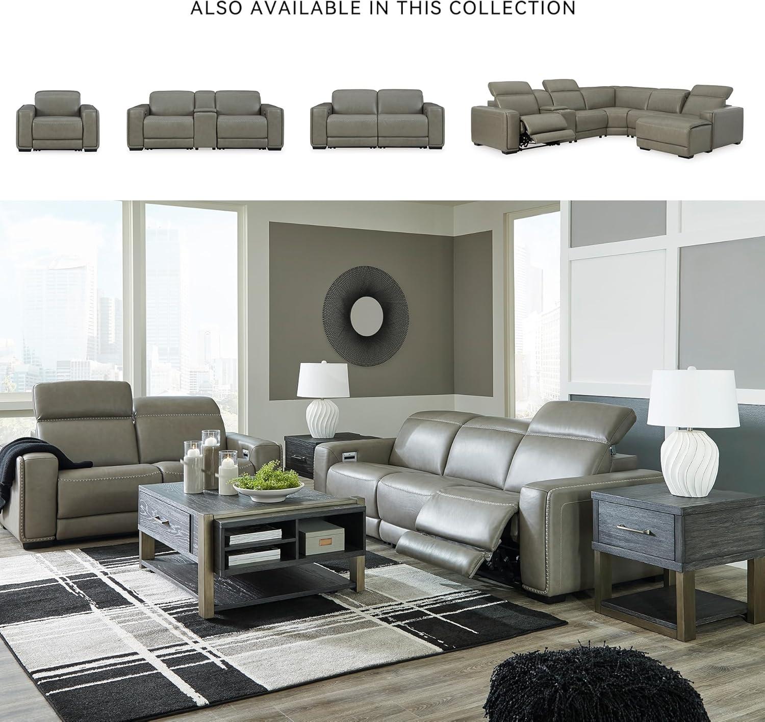 imageSignature Design by Ashley Correze Contemporary Leather Match 3Piece Power Reclining Sectional Loveseat with Adjustable Headrest USB Ports Console Storage and 2 Cup Holders Light GrayReclining Loveseat