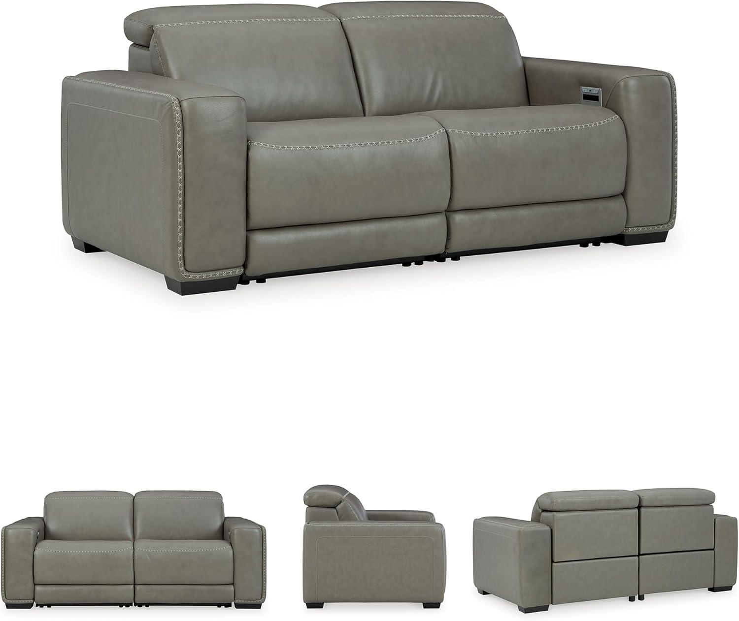 imageSignature Design by Ashley Correze Contemporary Leather Match 3Piece Power Reclining Sectional Loveseat with Adjustable Headrest USB Ports Console Storage and 2 Cup Holders Light GrayReclining Loveseat