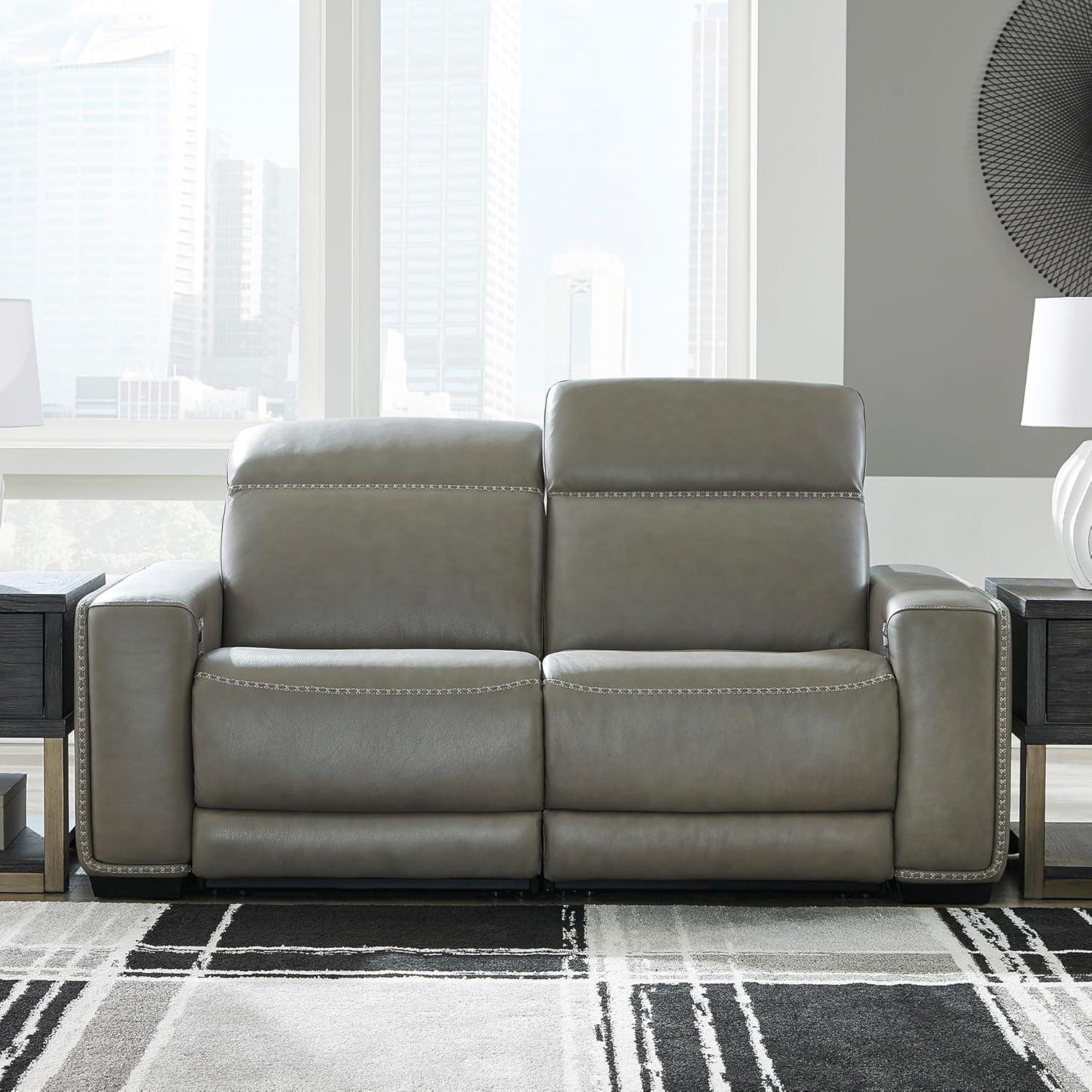imageSignature Design by Ashley Correze Contemporary Leather Match 3Piece Power Reclining Sectional Loveseat with Adjustable Headrest USB Ports Console Storage and 2 Cup Holders Light GrayReclining Loveseat