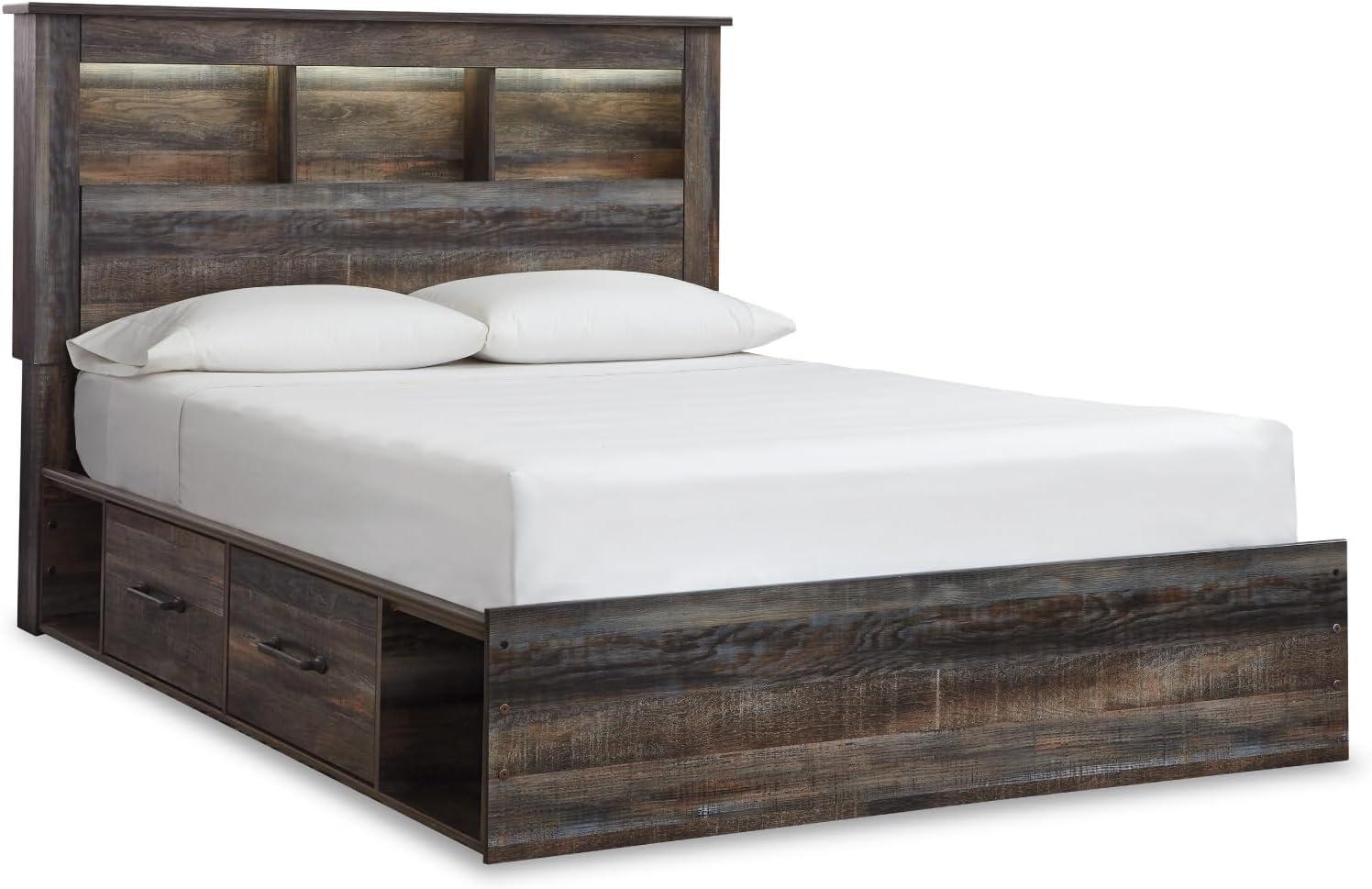imageSignature Design by Ashley Drystan Rustic Queen Bookcase Bed with 4 Storage Drawers Open Cubbies and LED Light Foundation or Box Spring Not Needed Dark Brown amp GrayQueen