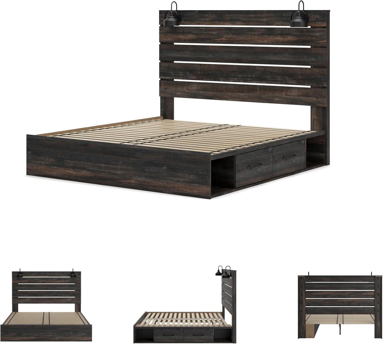 imageSignature Design by Ashley Drystan Rustic Queen Bookcase Bed with 4 Storage Drawers Open Cubbies and LED Light Foundation or Box Spring Not Needed Dark Brown amp GrayKing