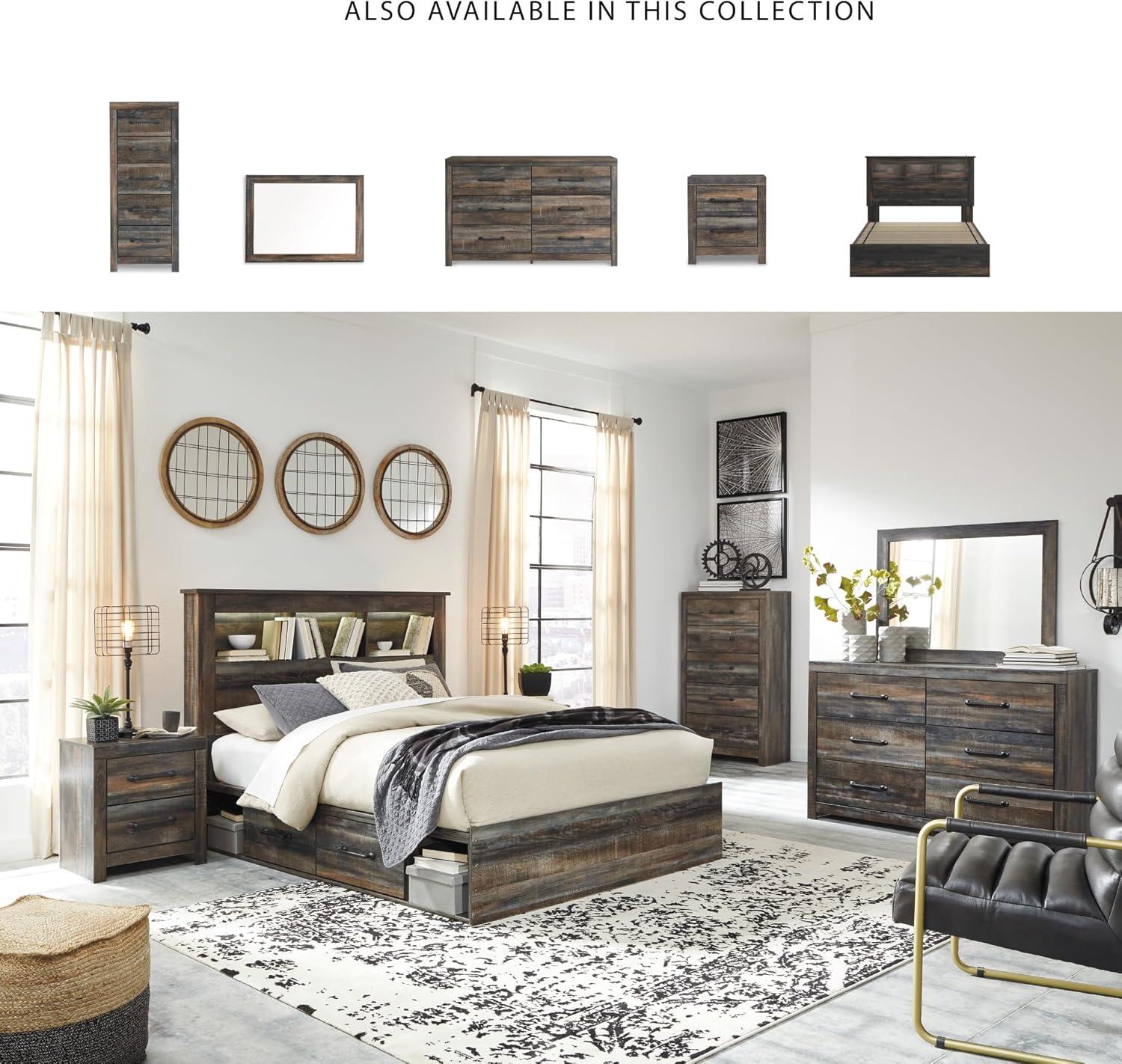 imageSignature Design by Ashley Drystan Rustic Queen Bookcase Bed with 4 Storage Drawers Open Cubbies and LED Light Foundation or Box Spring Not Needed Dark Brown amp GrayQueen