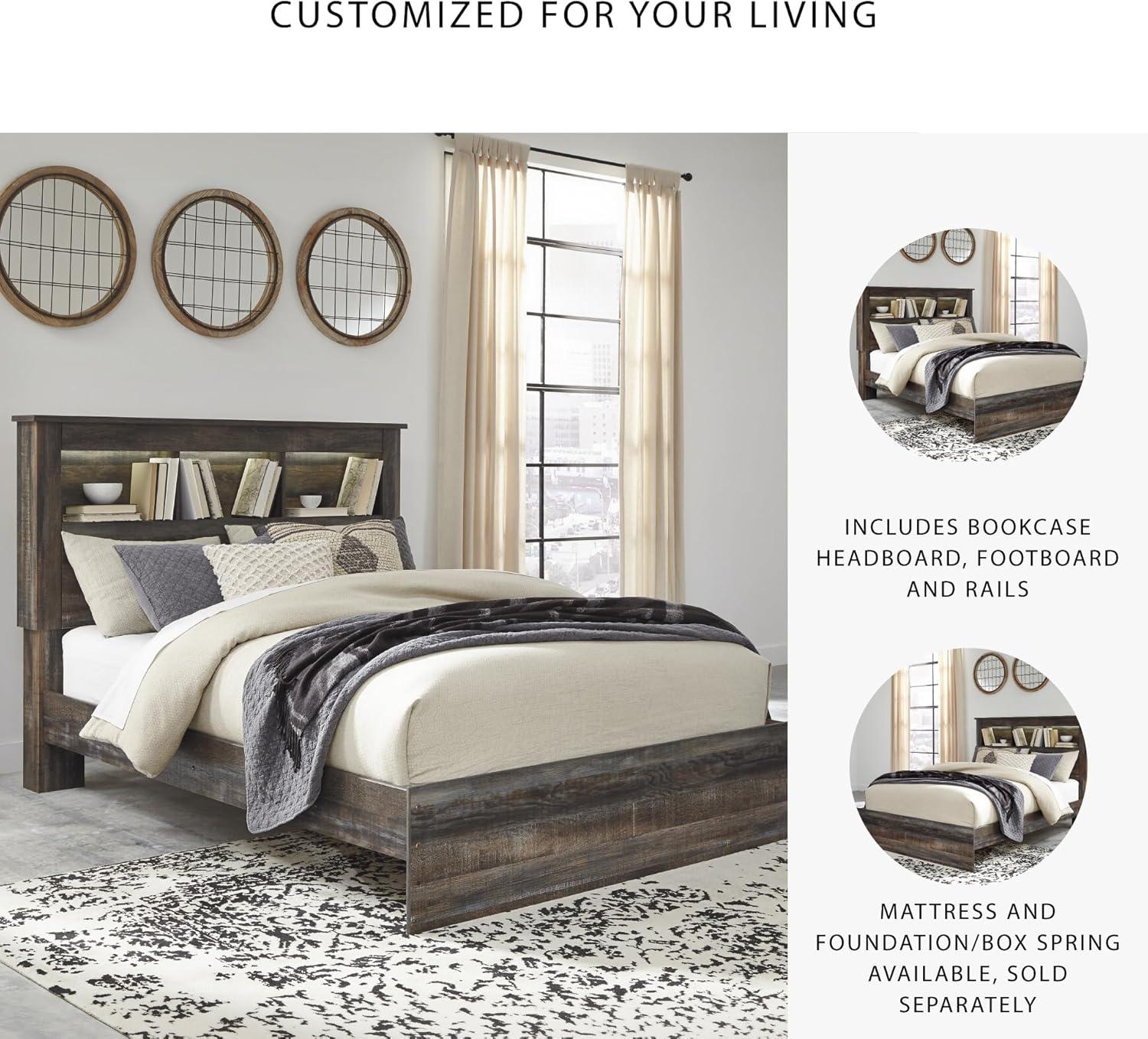 imageSignature Design by Ashley Drystan Rustic Queen Bookcase Bed with 4 Storage Drawers Open Cubbies and LED Light Foundation or Box Spring Not Needed Dark Brown amp GrayQueen