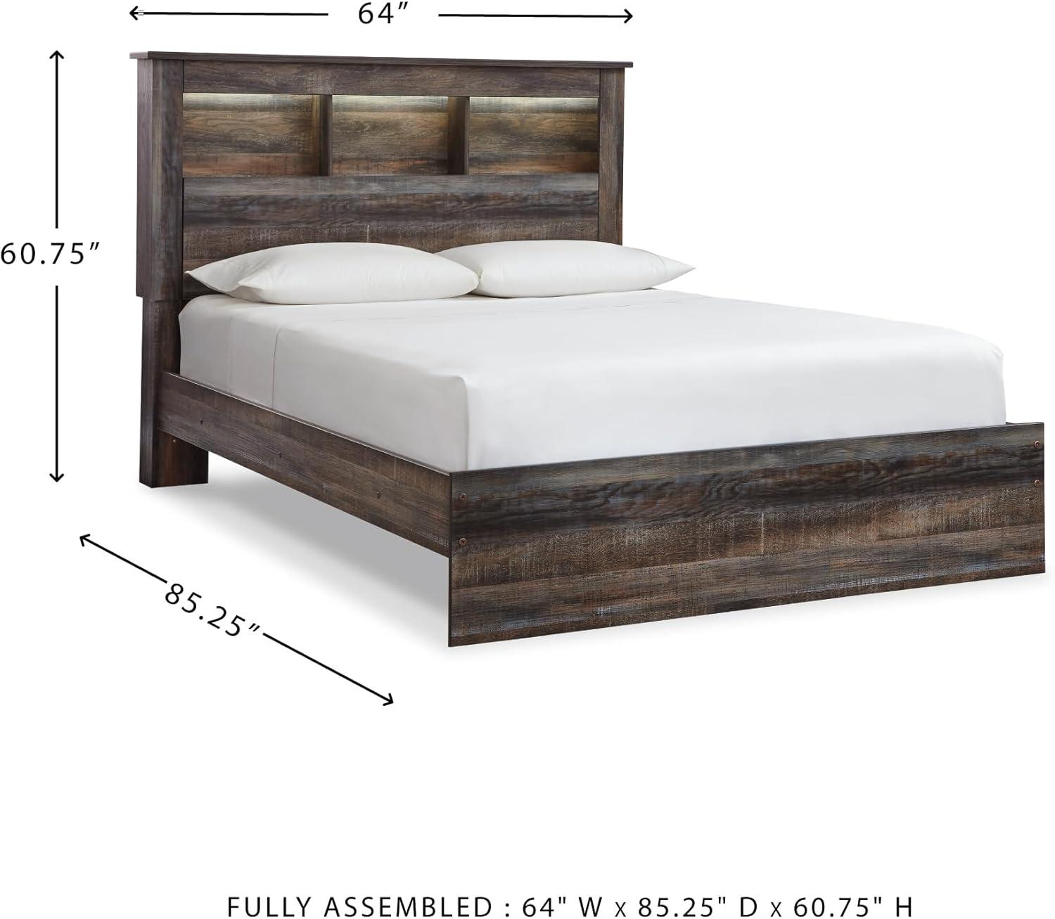 imageSignature Design by Ashley Drystan Rustic Queen Bookcase Bed with 4 Storage Drawers Open Cubbies and LED Light Foundation or Box Spring Not Needed Dark Brown amp GrayQueen