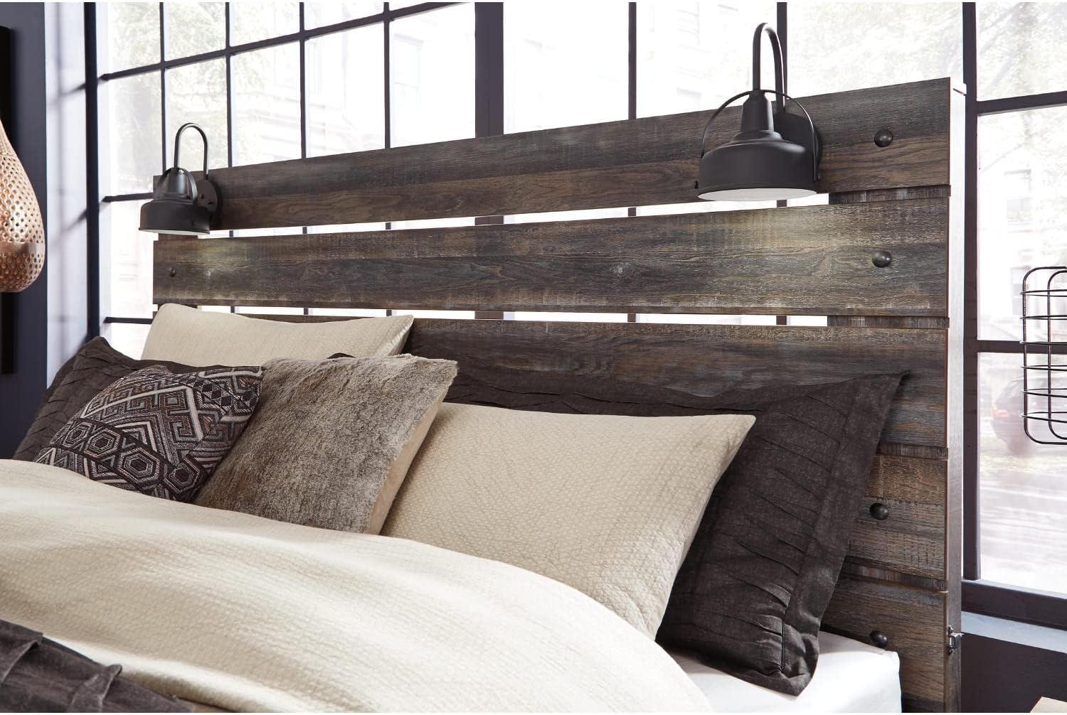 imageSignature Design by Ashley Drystan Rustic Queen Bookcase Bed with 4 Storage Drawers Open Cubbies and LED Light Foundation or Box Spring Not Needed Dark Brown amp GrayQueen