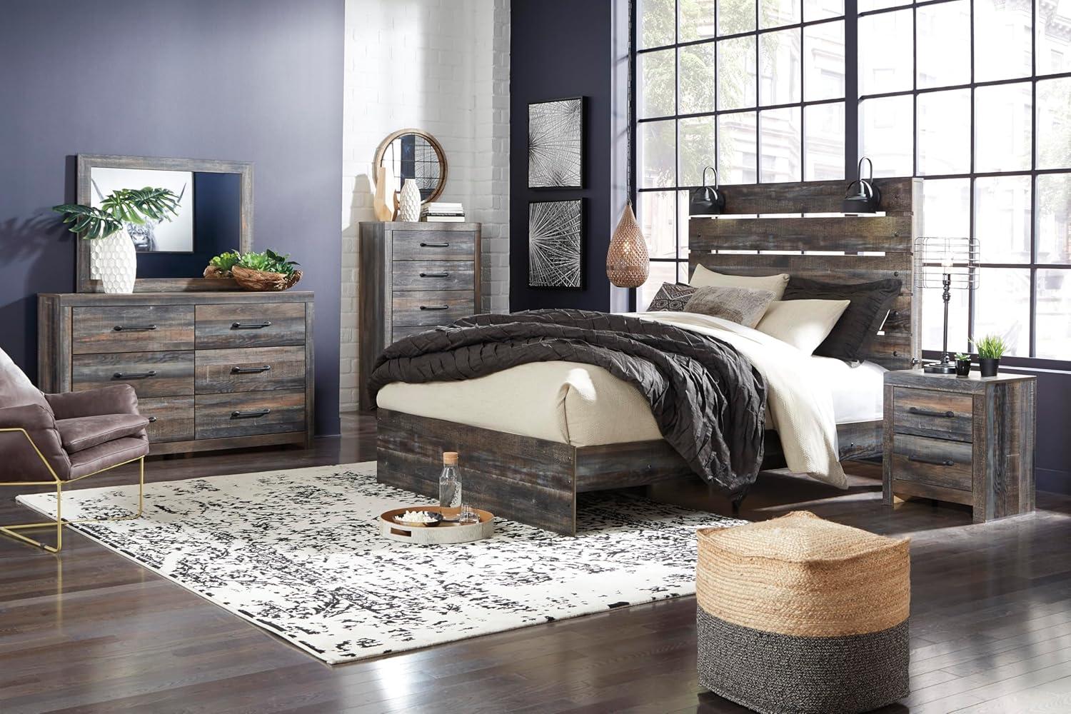 imageSignature Design by Ashley Drystan Rustic Queen Bookcase Bed with 4 Storage Drawers Open Cubbies and LED Light Foundation or Box Spring Not Needed Dark Brown amp GrayQueen