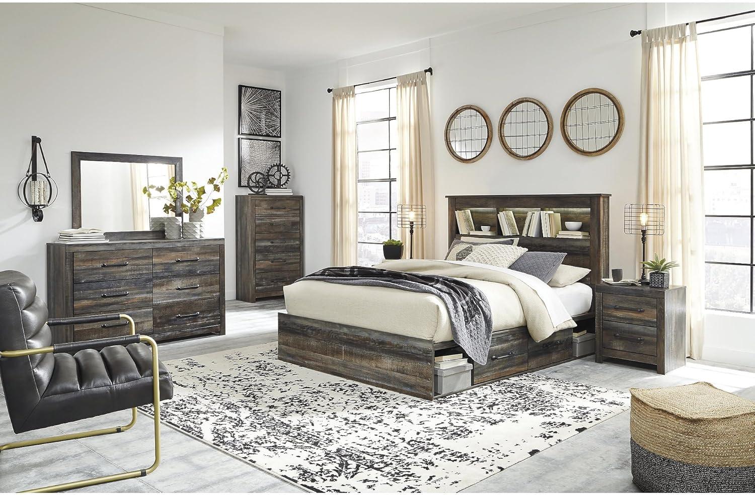 imageSignature Design by Ashley Drystan Rustic Queen Bookcase Bed with 4 Storage Drawers Open Cubbies and LED Light Foundation or Box Spring Not Needed Dark Brown amp GrayQueen