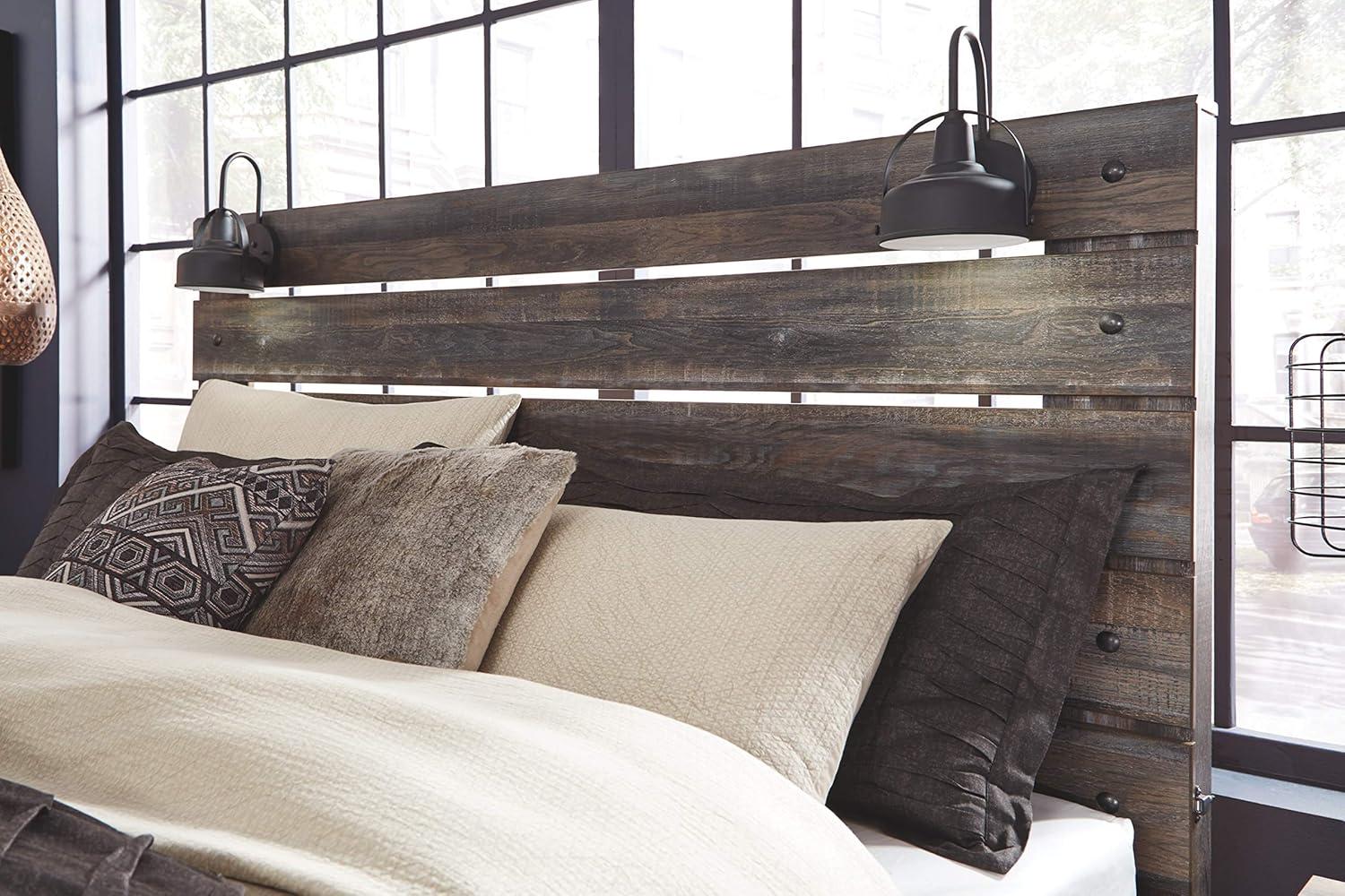 imageSignature Design by Ashley Drystan Rustic Queen Bookcase Bed with 4 Storage Drawers Open Cubbies and LED Light Foundation or Box Spring Not Needed Dark Brown amp GrayKing