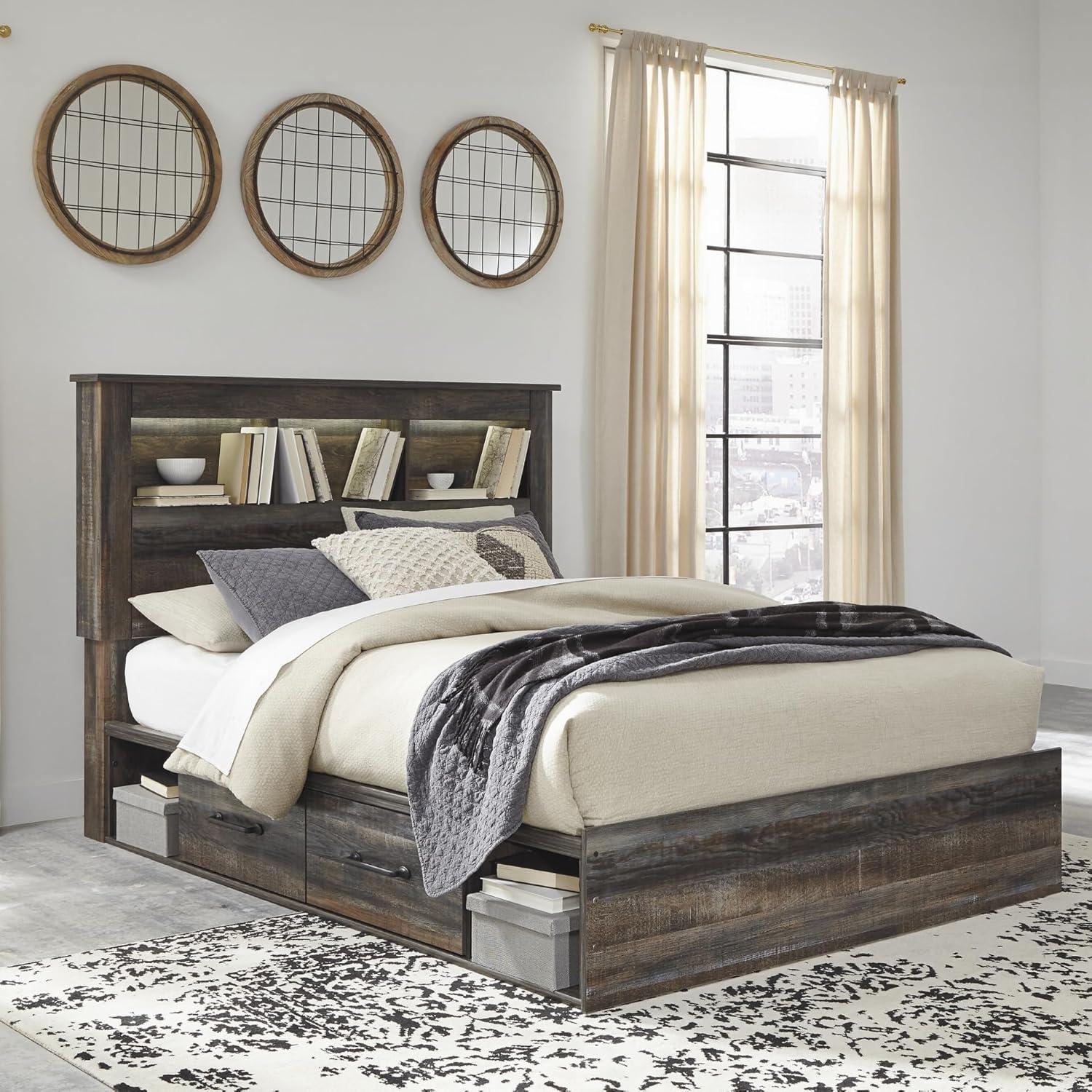 imageSignature Design by Ashley Drystan Rustic Queen Bookcase Bed with 4 Storage Drawers Open Cubbies and LED Light Foundation or Box Spring Not Needed Dark Brown amp GrayQueen