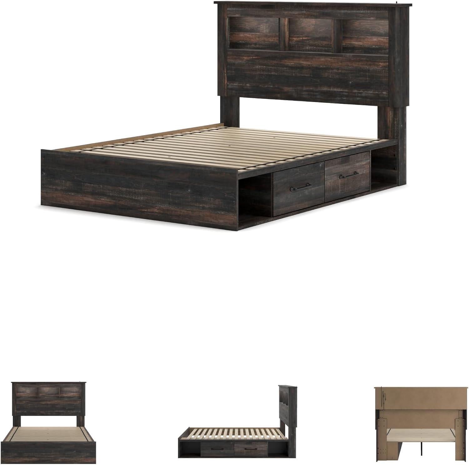 imageSignature Design by Ashley Drystan Rustic Queen Bookcase Bed with 4 Storage Drawers Open Cubbies and LED Light Foundation or Box Spring Not Needed Dark Brown amp GrayQueen