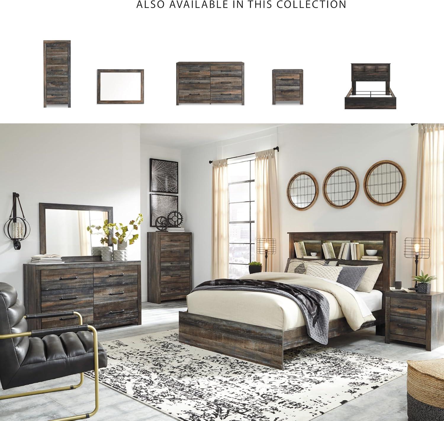 imageSignature Design by Ashley Drystan Rustic Queen Bookcase Bed with 4 Storage Drawers Open Cubbies and LED Light Foundation or Box Spring Not Needed Dark Brown amp GrayQueen