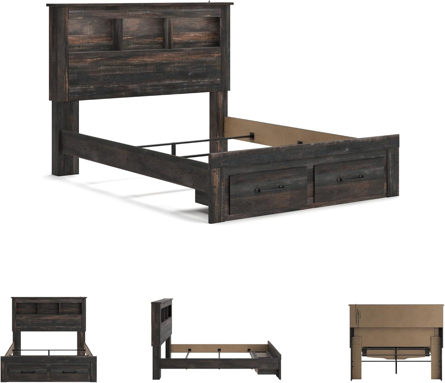 imageSignature Design by Ashley Drystan Rustic Queen Bookcase Bed with 4 Storage Drawers Open Cubbies and LED Light Foundation or Box Spring Not Needed Dark Brown amp GrayQueen