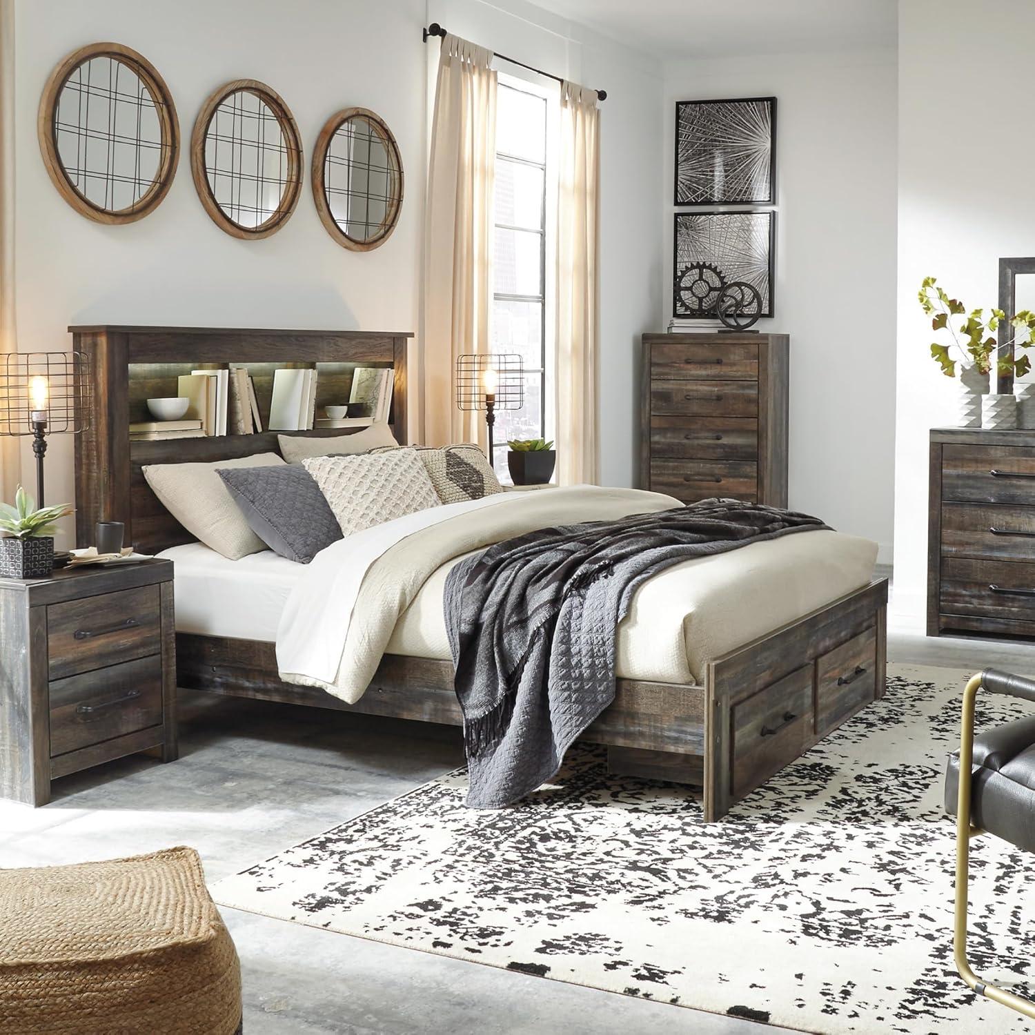 imageSignature Design by Ashley Drystan Rustic Queen Bookcase Bed with 4 Storage Drawers Open Cubbies and LED Light Foundation or Box Spring Not Needed Dark Brown amp GrayQueen