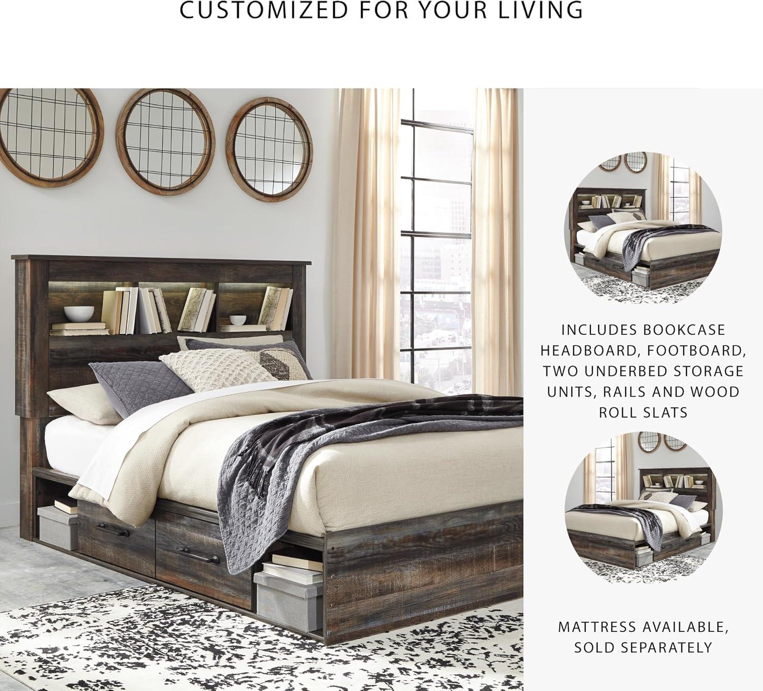 imageSignature Design by Ashley Drystan Rustic Queen Bookcase Bed with 4 Storage Drawers Open Cubbies and LED Light Foundation or Box Spring Not Needed Dark Brown amp GrayQueen