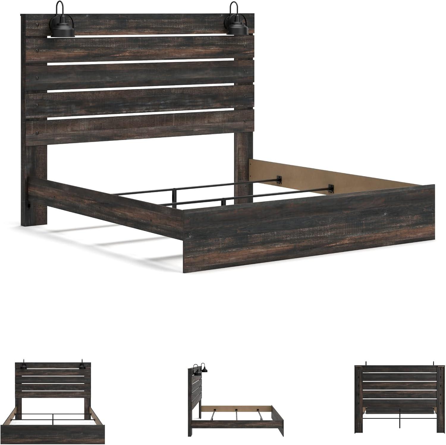 imageSignature Design by Ashley Drystan Rustic Queen Bookcase Bed with 4 Storage Drawers Open Cubbies and LED Light Foundation or Box Spring Not Needed Dark Brown amp GrayKing