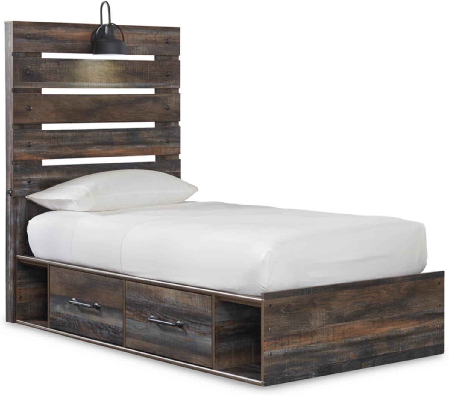 imageSignature Design by Ashley Drystan Rustic Queen Bookcase Bed with 4 Storage Drawers Open Cubbies and LED Light Foundation or Box Spring Not Needed Dark Brown amp GrayTwin
