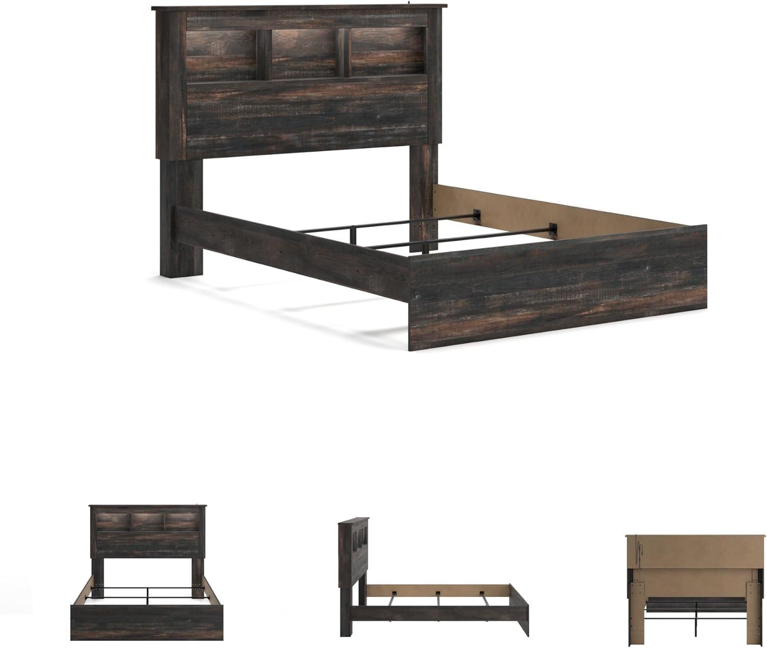 imageSignature Design by Ashley Drystan Rustic Queen Bookcase Bed with 4 Storage Drawers Open Cubbies and LED Light Foundation or Box Spring Not Needed Dark Brown amp GrayQueen