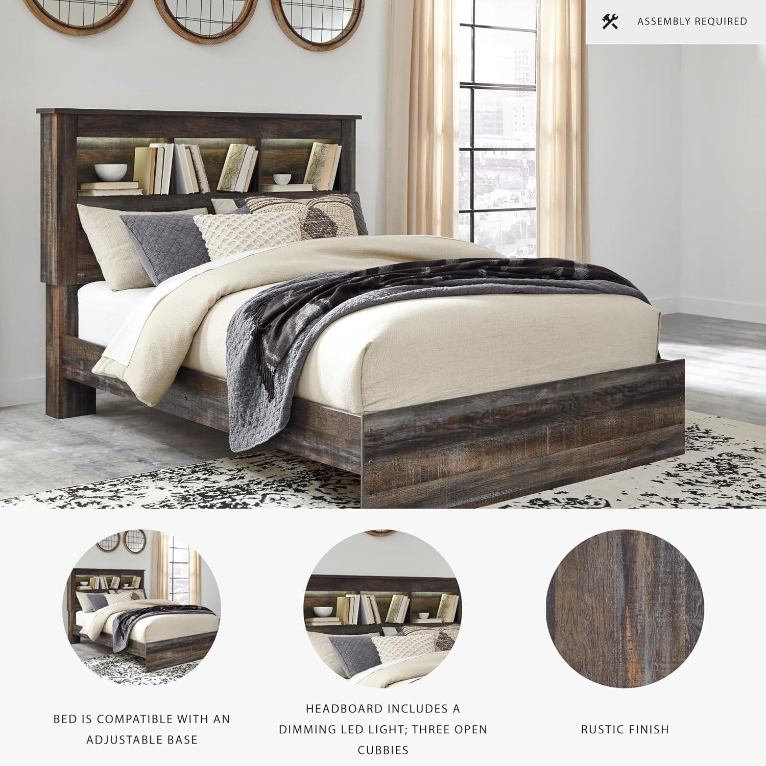 imageSignature Design by Ashley Drystan Rustic Queen Bookcase Bed with 4 Storage Drawers Open Cubbies and LED Light Foundation or Box Spring Not Needed Dark Brown amp GrayQueen