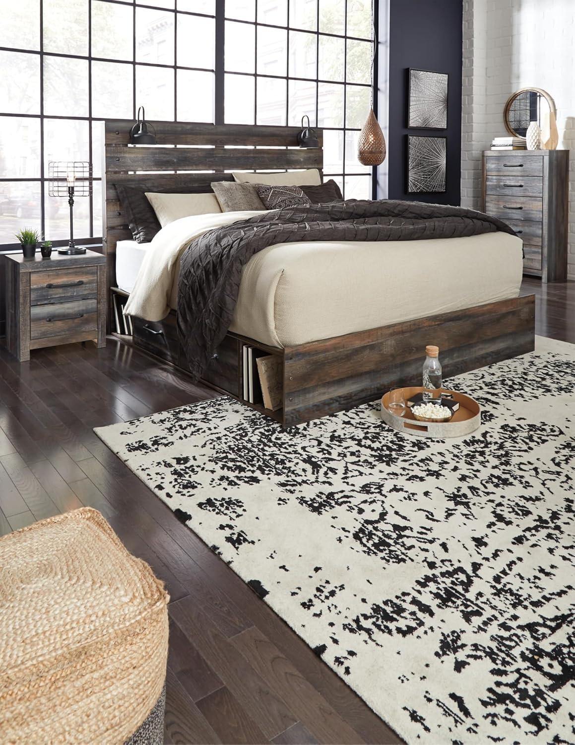 imageSignature Design by Ashley Drystan Rustic Queen Bookcase Bed with 4 Storage Drawers Open Cubbies and LED Light Foundation or Box Spring Not Needed Dark Brown amp GrayKing