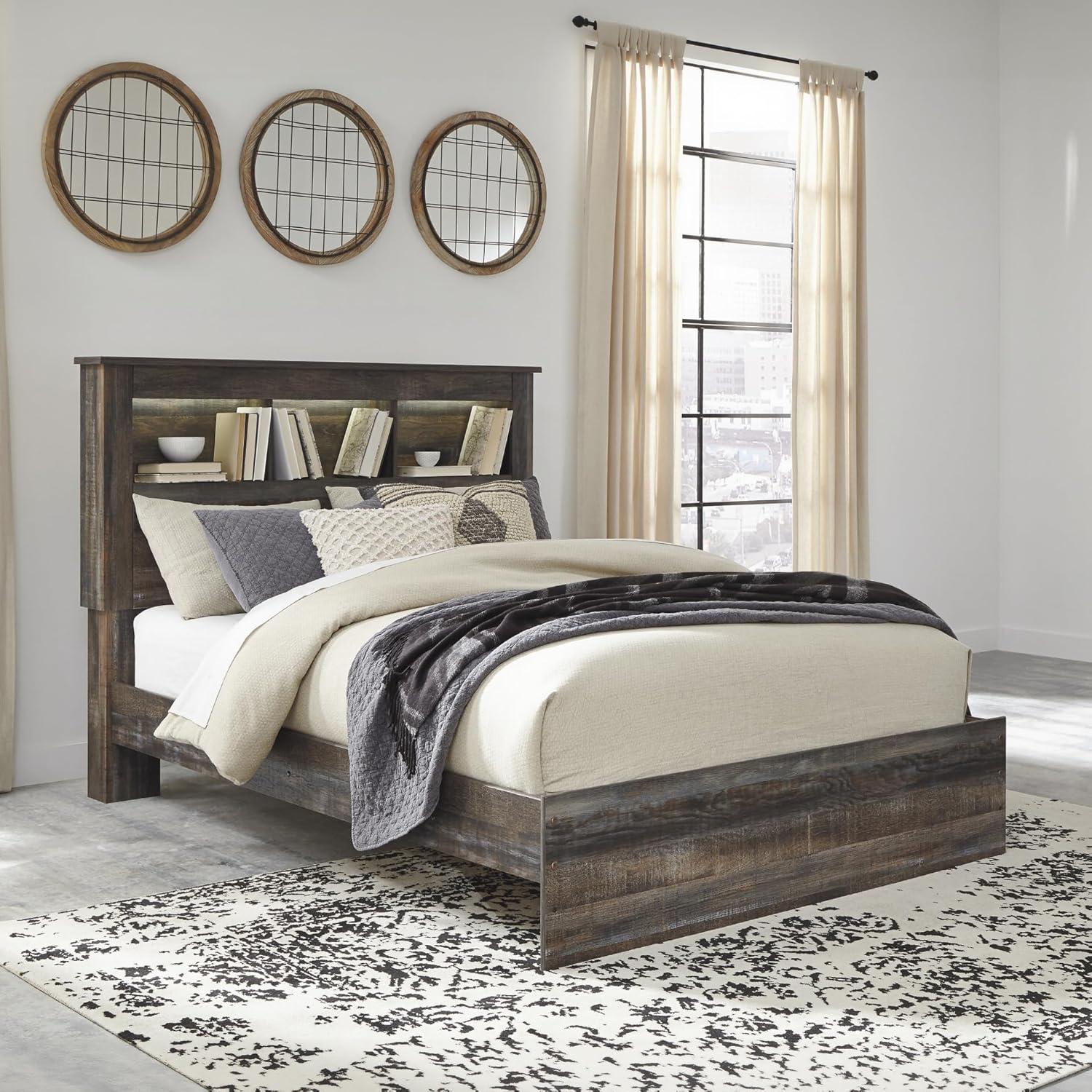 imageSignature Design by Ashley Drystan Rustic Queen Bookcase Bed with 4 Storage Drawers Open Cubbies and LED Light Foundation or Box Spring Not Needed Dark Brown amp GrayQueen
