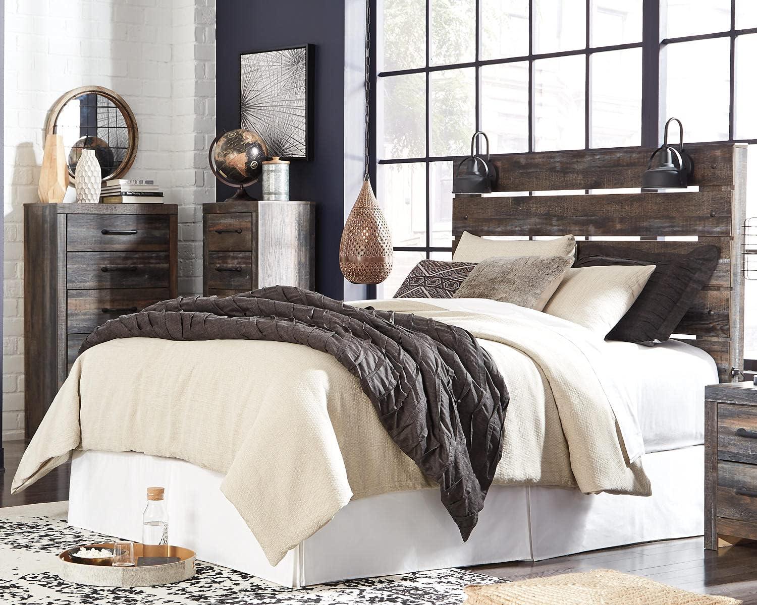 imageSignature Design by Ashley Drystan Rustic Queen Bookcase Bed with 4 Storage Drawers Open Cubbies and LED Light Foundation or Box Spring Not Needed Dark Brown amp GrayQueen