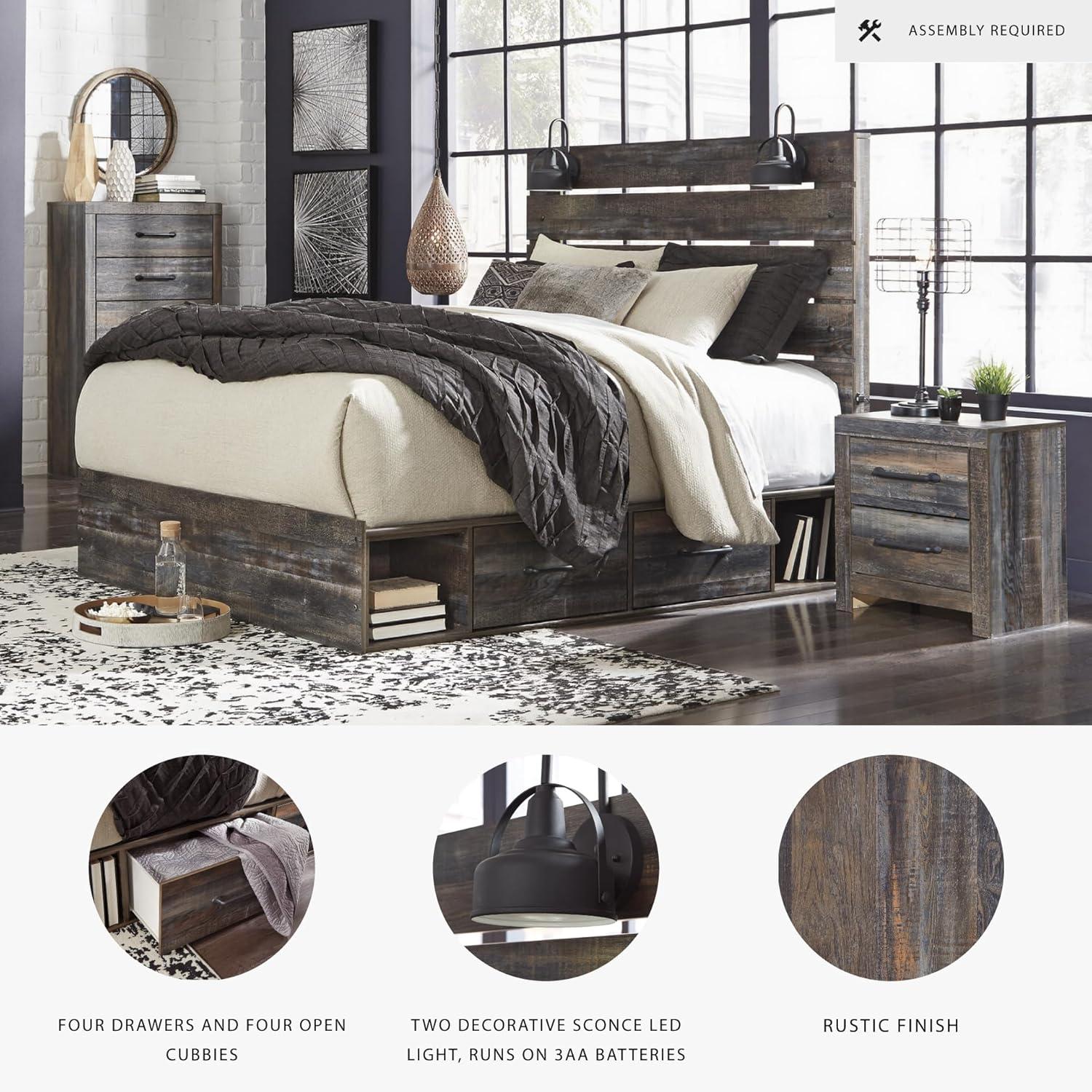 imageSignature Design by Ashley Drystan Rustic Queen Bookcase Bed with 4 Storage Drawers Open Cubbies and LED Light Foundation or Box Spring Not Needed Dark Brown amp GrayQueen
