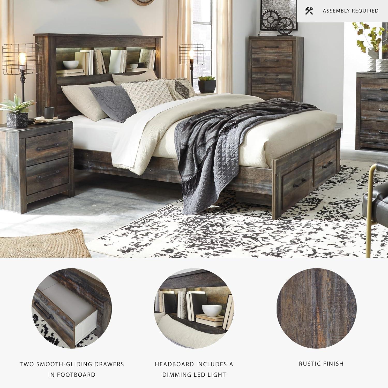 imageSignature Design by Ashley Drystan Rustic Queen Bookcase Bed with 4 Storage Drawers Open Cubbies and LED Light Foundation or Box Spring Not Needed Dark Brown amp GrayQueen