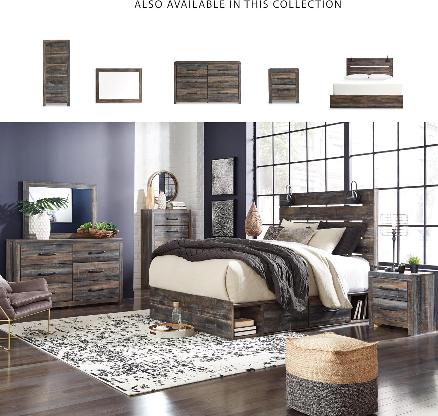 imageSignature Design by Ashley Drystan Rustic Queen Bookcase Bed with 4 Storage Drawers Open Cubbies and LED Light Foundation or Box Spring Not Needed Dark Brown amp GrayKing