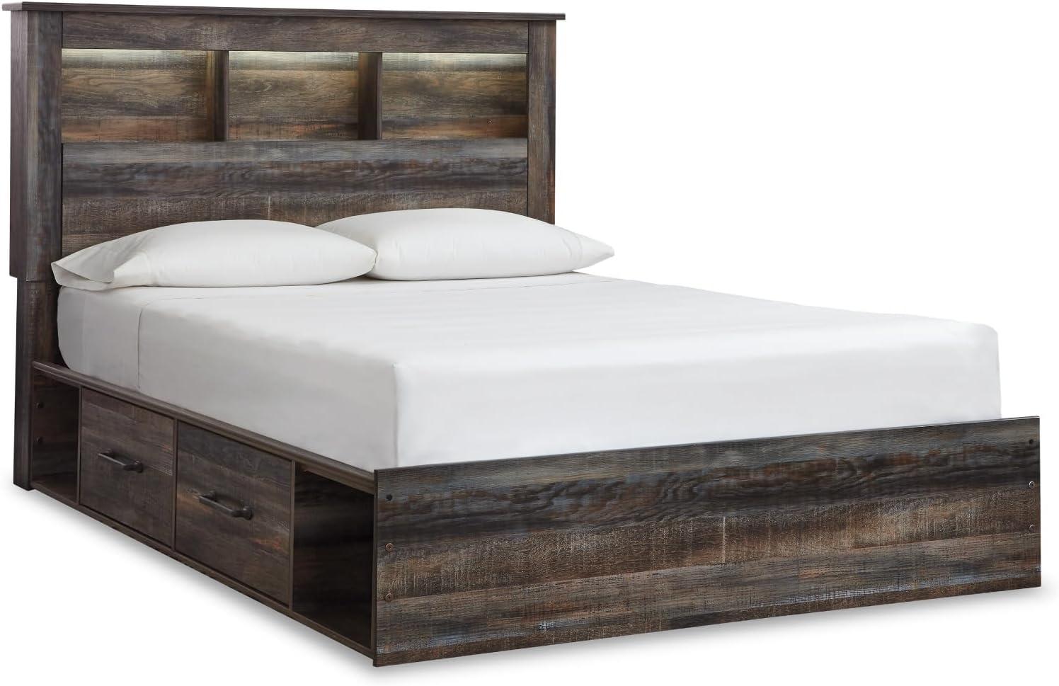 imageSignature Design by Ashley Drystan Rustic Queen Bookcase Bed with 4 Storage Drawers Open Cubbies and LED Light Foundation or Box Spring Not Needed Dark Brown amp GrayQueen