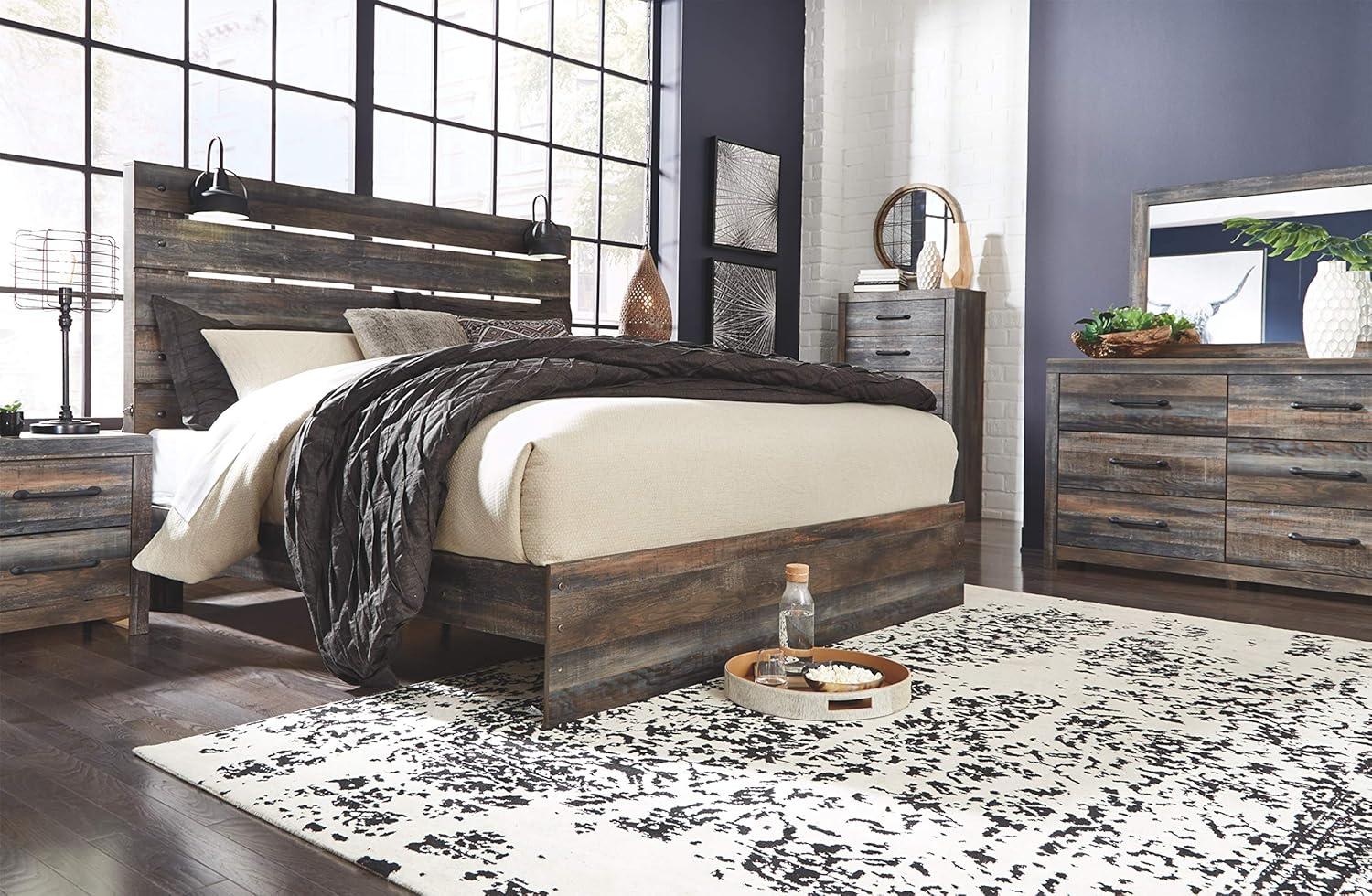 imageSignature Design by Ashley Drystan Rustic Queen Bookcase Bed with 4 Storage Drawers Open Cubbies and LED Light Foundation or Box Spring Not Needed Dark Brown amp GrayKing