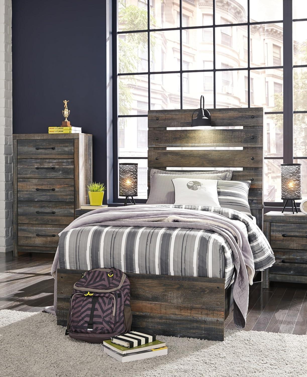imageSignature Design by Ashley Drystan Rustic Queen Bookcase Bed with 4 Storage Drawers Open Cubbies and LED Light Foundation or Box Spring Not Needed Dark Brown amp GrayTwin