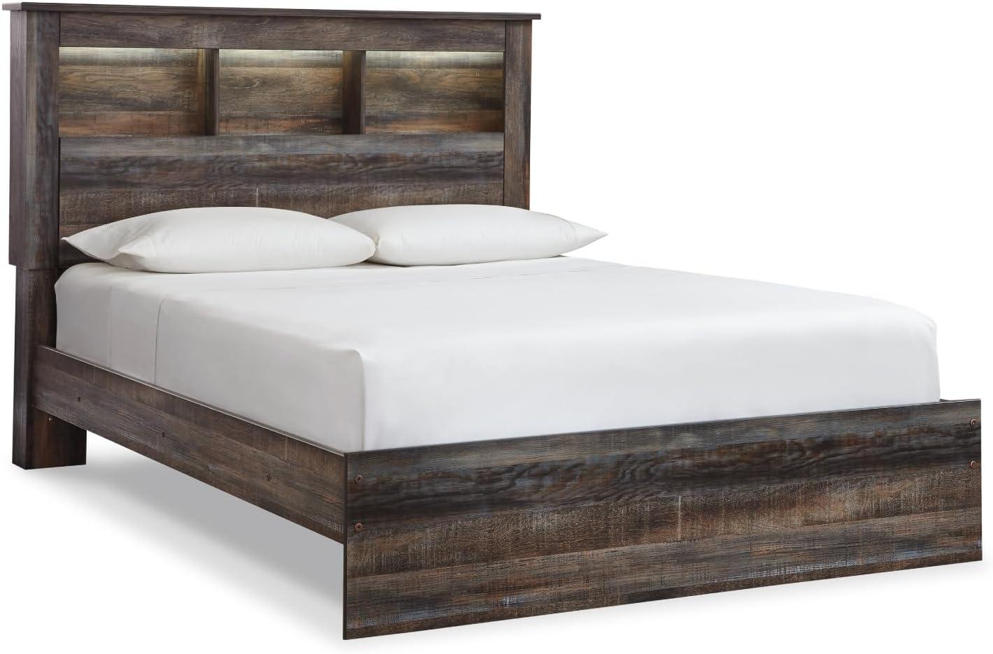 imageSignature Design by Ashley Drystan Rustic Queen Bookcase Bed with 4 Storage Drawers Open Cubbies and LED Light Foundation or Box Spring Not Needed Dark Brown amp GrayQueen