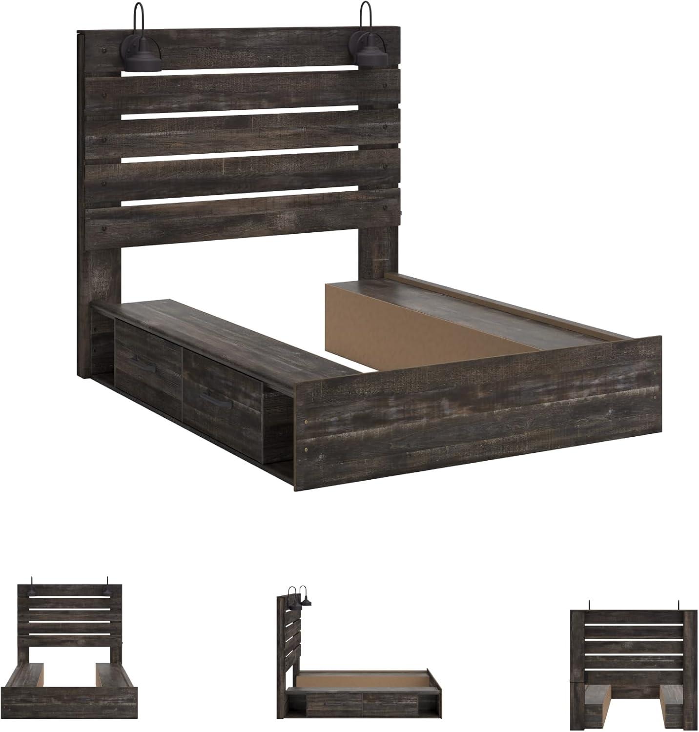imageSignature Design by Ashley Drystan Rustic Queen Bookcase Bed with 4 Storage Drawers Open Cubbies and LED Light Foundation or Box Spring Not Needed Dark Brown amp GrayQueen