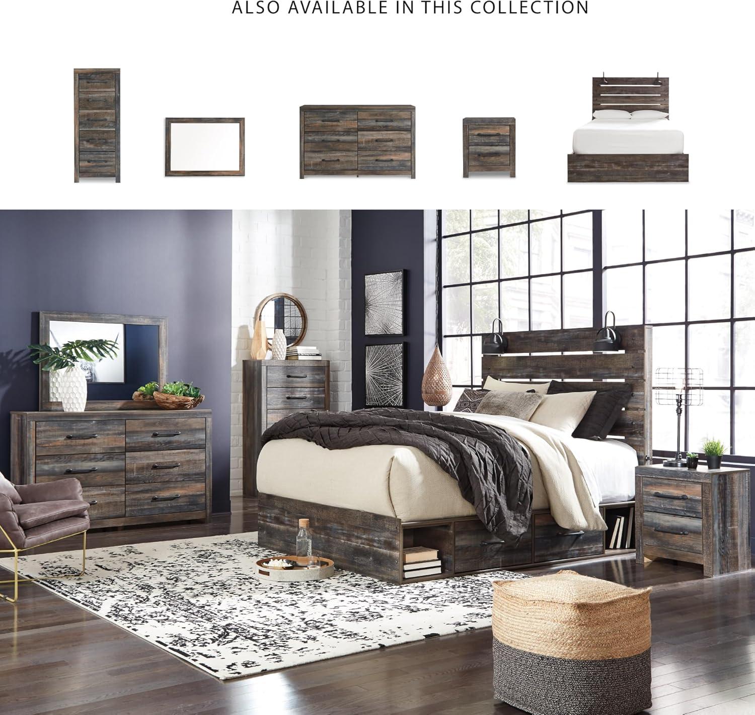imageSignature Design by Ashley Drystan Rustic Queen Bookcase Bed with 4 Storage Drawers Open Cubbies and LED Light Foundation or Box Spring Not Needed Dark Brown amp GrayQueen