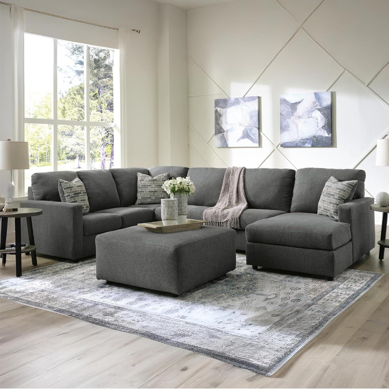imageSignature Design by Ashley Edenfield Contemporary RightArm Facing 3Piece Sectional with Chaise Loose Seat Cushions and 3 Throw Pillows GrayCharcoal