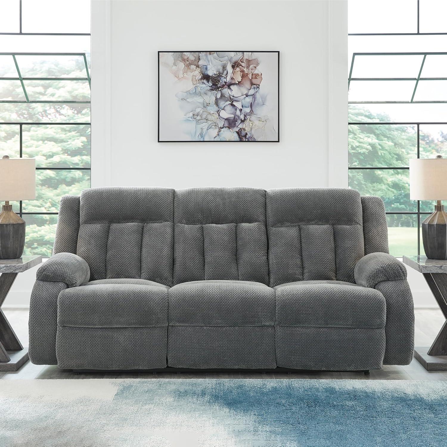 imageSignature Design by Ashley Free Wake Modern DualSided Power Reclining Sofa with Drop Down Table USB Charging Port and 2 Cup Holders Gray
