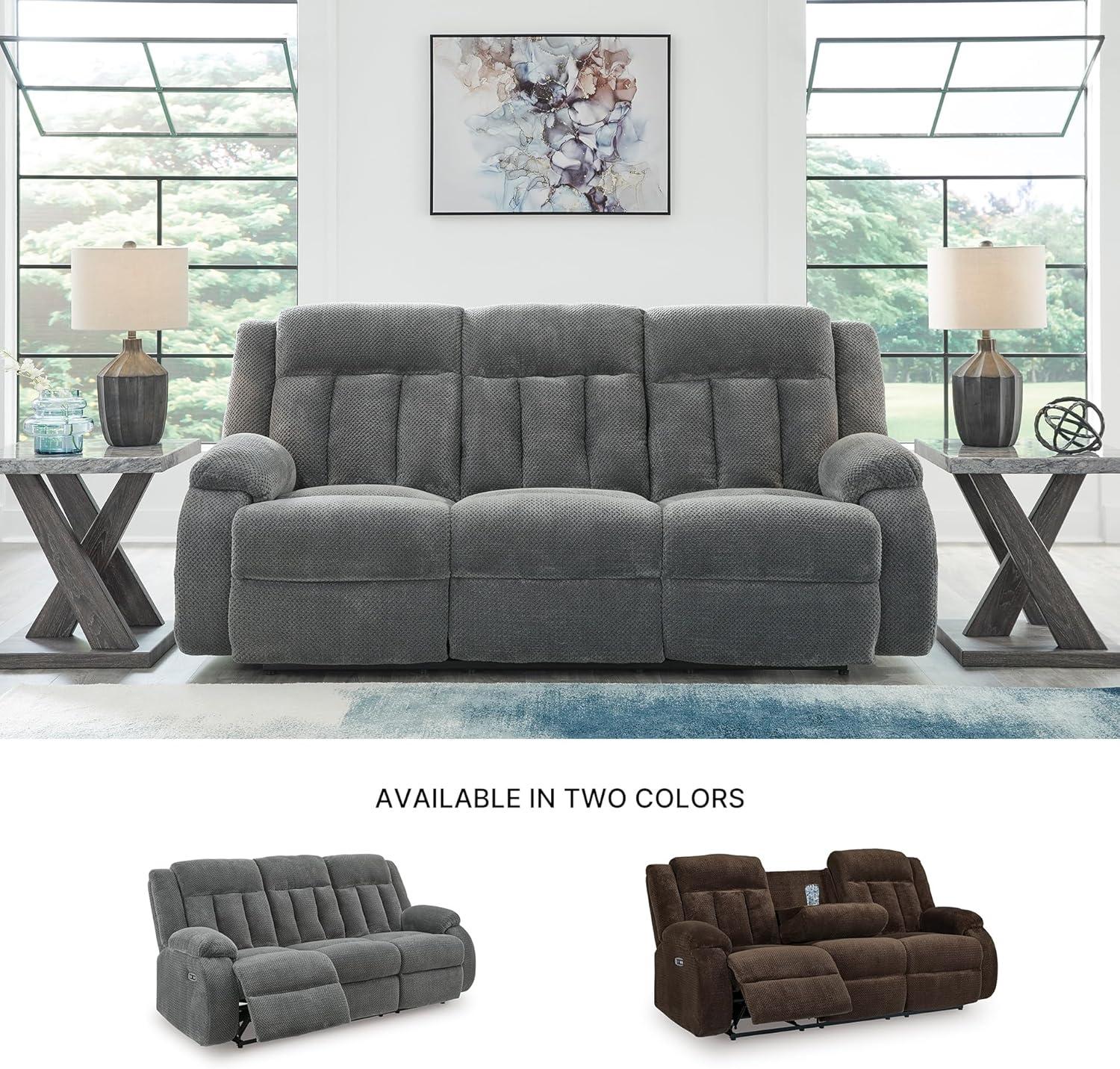 imageSignature Design by Ashley Free Wake Modern DualSided Power Reclining Sofa with Drop Down Table USB Charging Port and 2 Cup Holders Gray