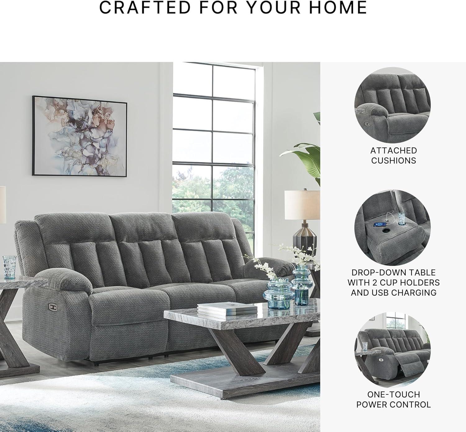 imageSignature Design by Ashley Free Wake Modern DualSided Power Reclining Sofa with Drop Down Table USB Charging Port and 2 Cup Holders Gray