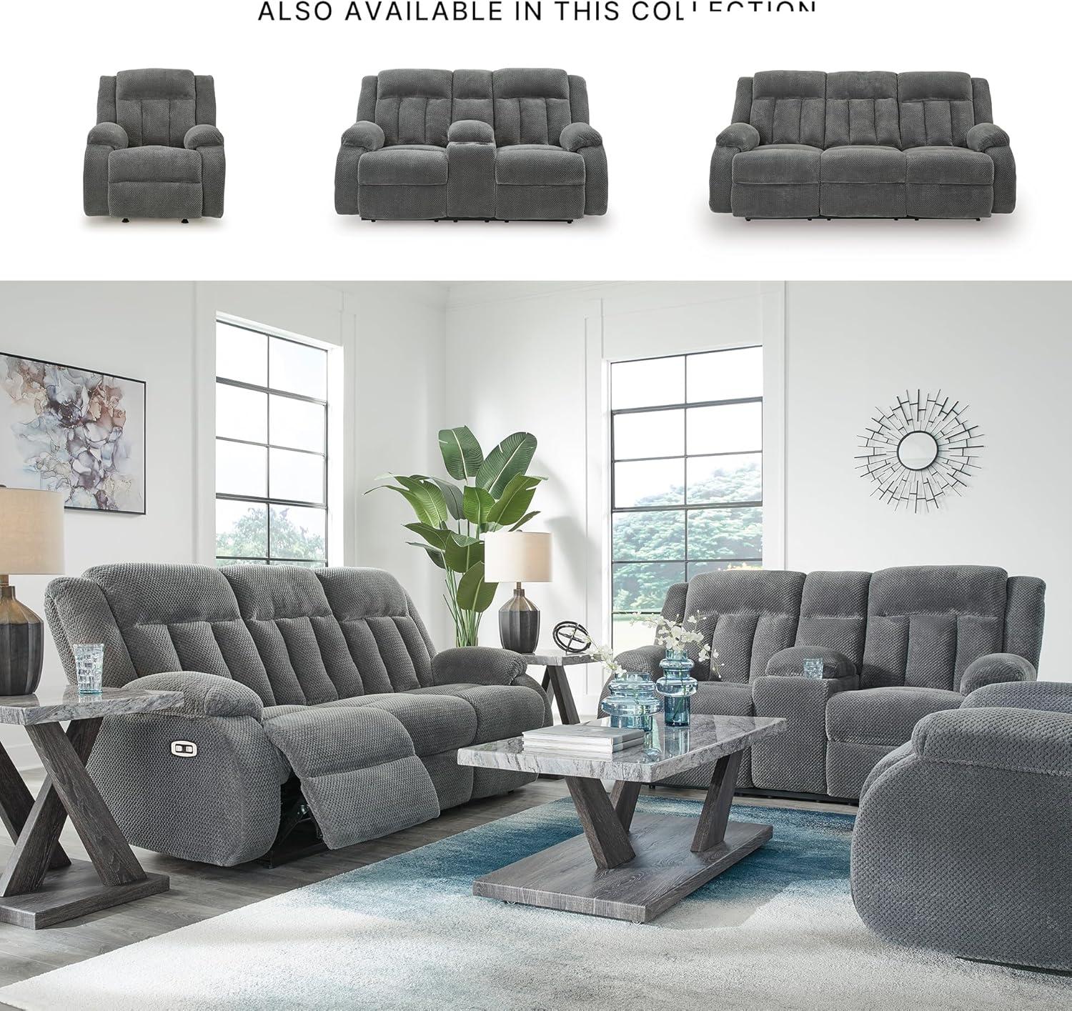 imageSignature Design by Ashley Free Wake Modern DualSided Power Reclining Sofa with Drop Down Table USB Charging Port and 2 Cup Holders Gray