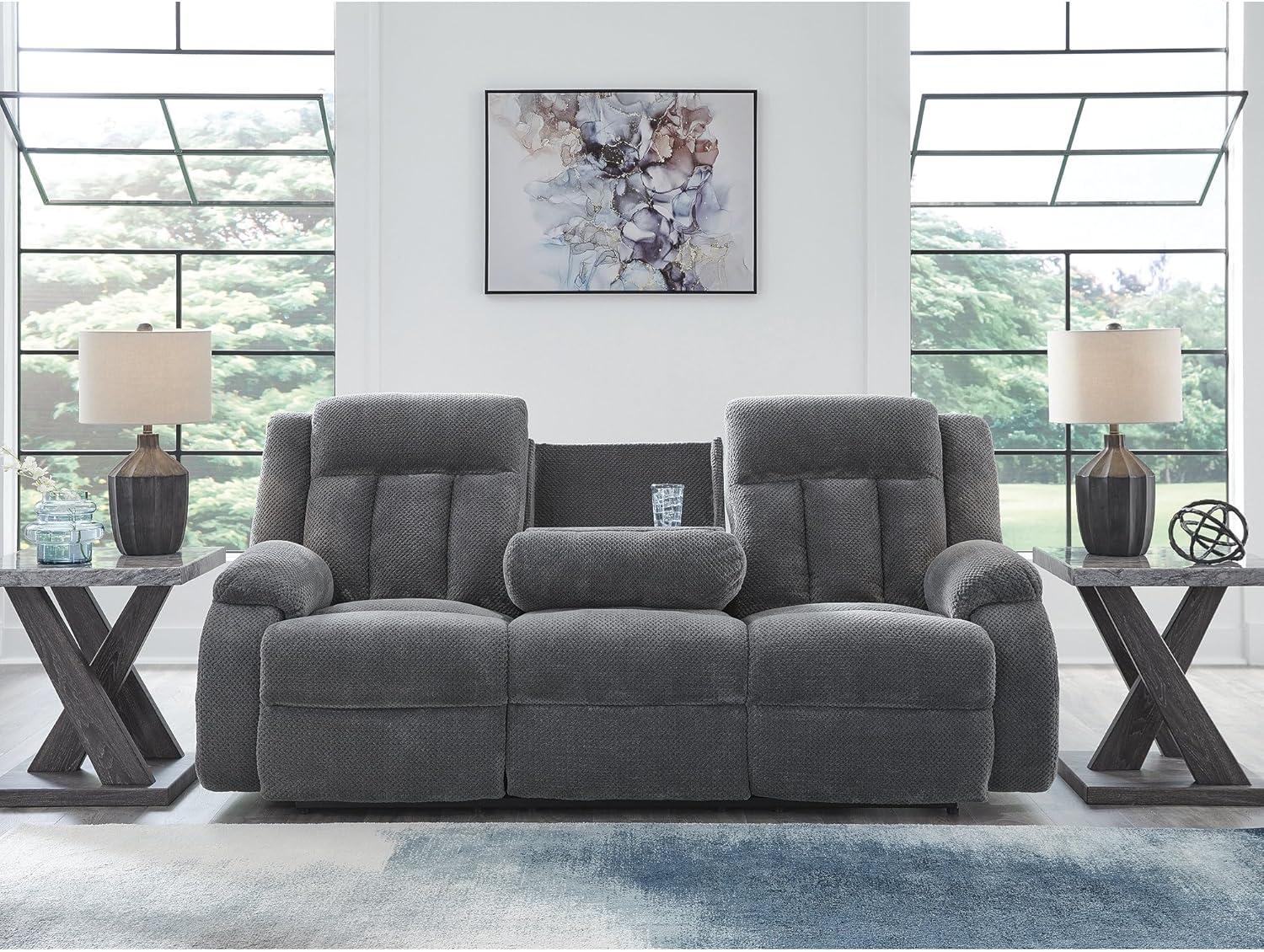 imageSignature Design by Ashley Free Wake Modern DualSided Power Reclining Sofa with Drop Down Table USB Charging Port and 2 Cup Holders Gray