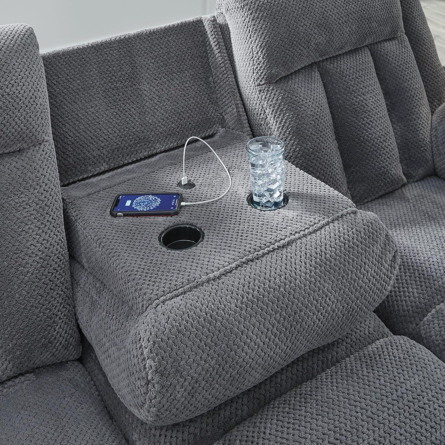 imageSignature Design by Ashley Free Wake Modern DualSided Power Reclining Sofa with Drop Down Table USB Charging Port and 2 Cup Holders Gray