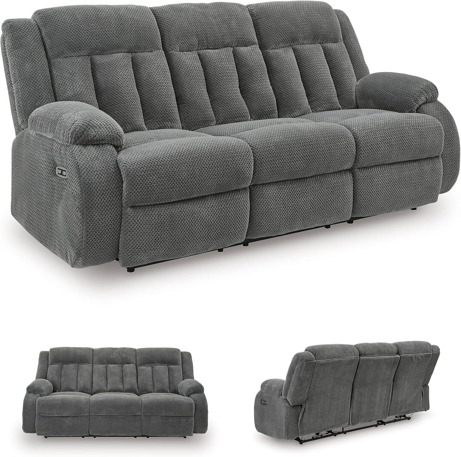 imageSignature Design by Ashley Free Wake Modern DualSided Power Reclining Sofa with Drop Down Table USB Charging Port and 2 Cup Holders Gray