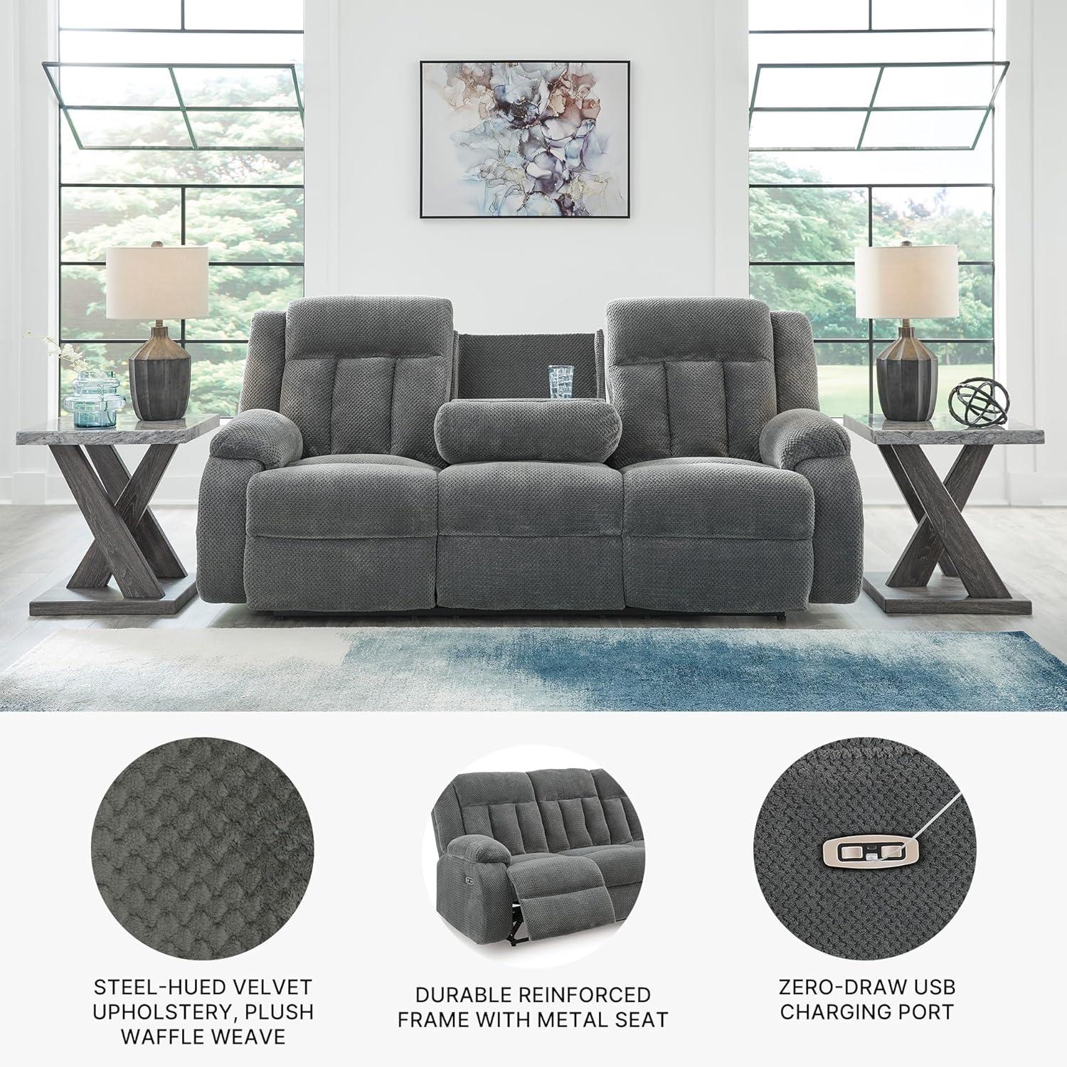 imageSignature Design by Ashley Free Wake Modern DualSided Power Reclining Sofa with Drop Down Table USB Charging Port and 2 Cup Holders Gray