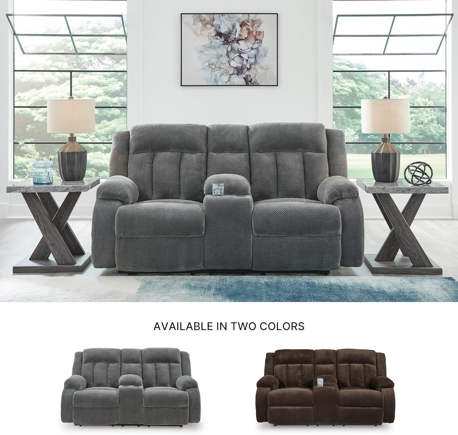 imageSignature Design by Ashley Free Wake Modern Power Reclining Loveseat with Console USB Charging Port Storage and 2 Cup Holders Gray