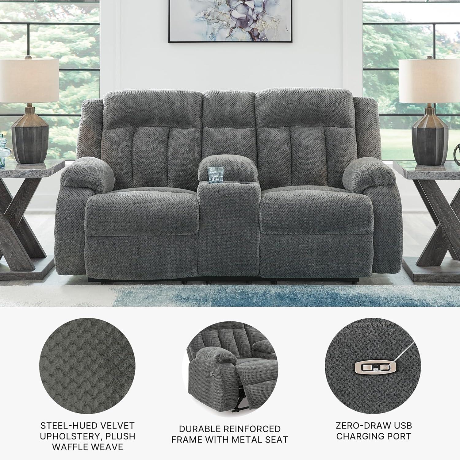 imageSignature Design by Ashley Free Wake Modern Power Reclining Loveseat with Console USB Charging Port Storage and 2 Cup Holders Gray