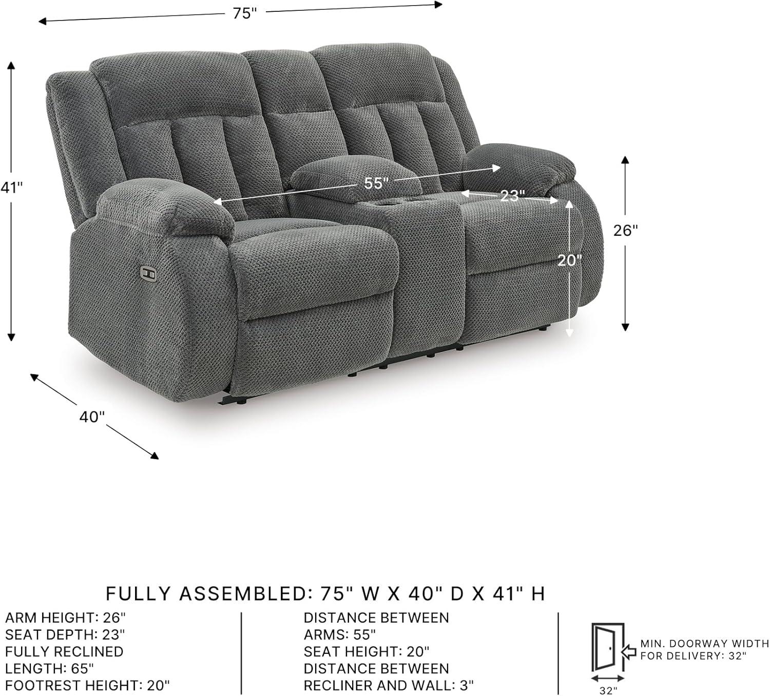 imageSignature Design by Ashley Free Wake Modern Power Reclining Loveseat with Console USB Charging Port Storage and 2 Cup Holders Gray