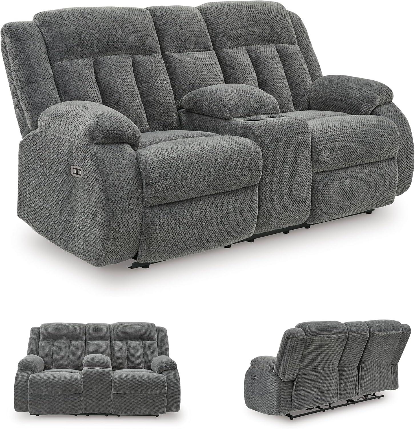 imageSignature Design by Ashley Free Wake Modern Power Reclining Loveseat with Console USB Charging Port Storage and 2 Cup Holders Gray