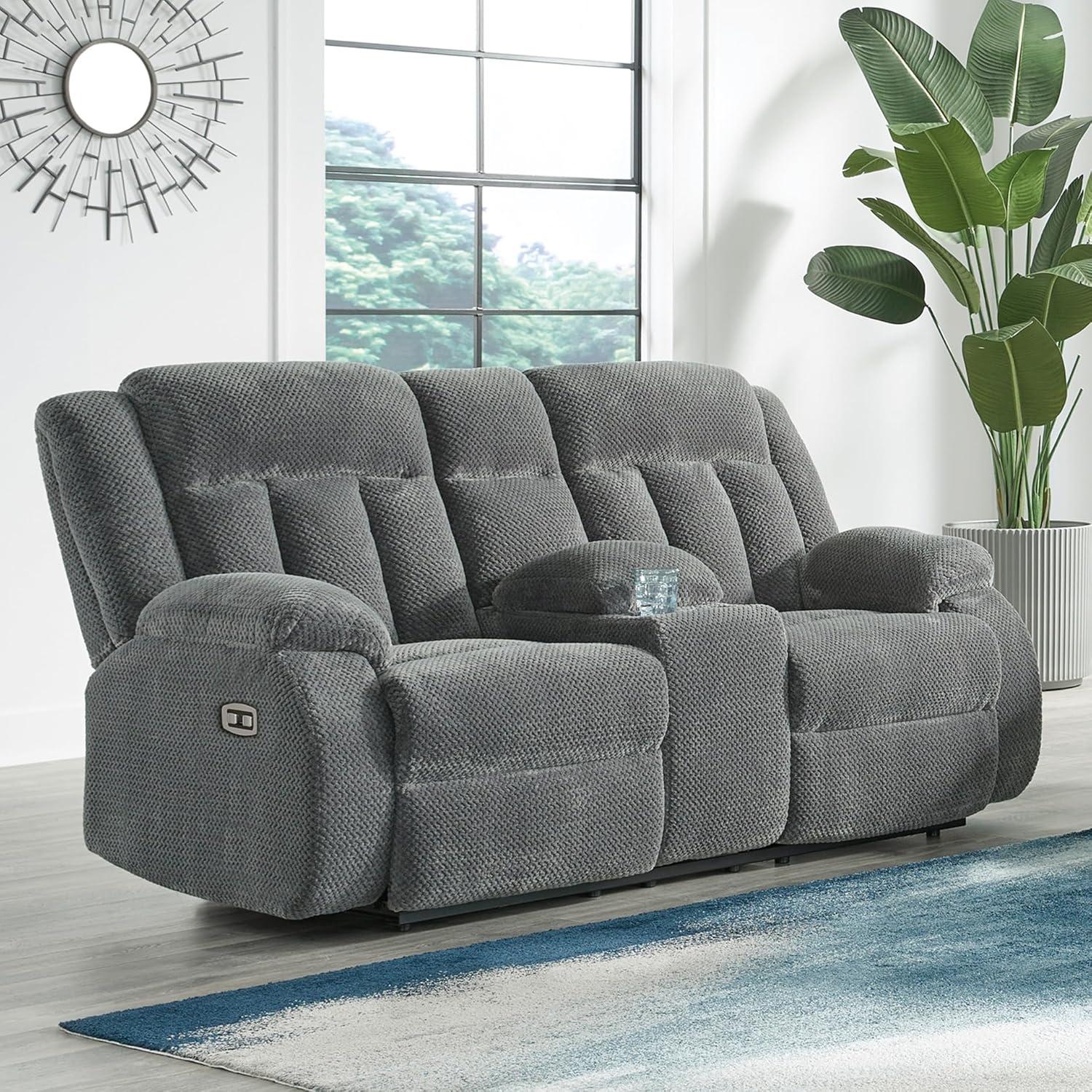 imageSignature Design by Ashley Free Wake Modern Power Reclining Loveseat with Console USB Charging Port Storage and 2 Cup Holders Gray