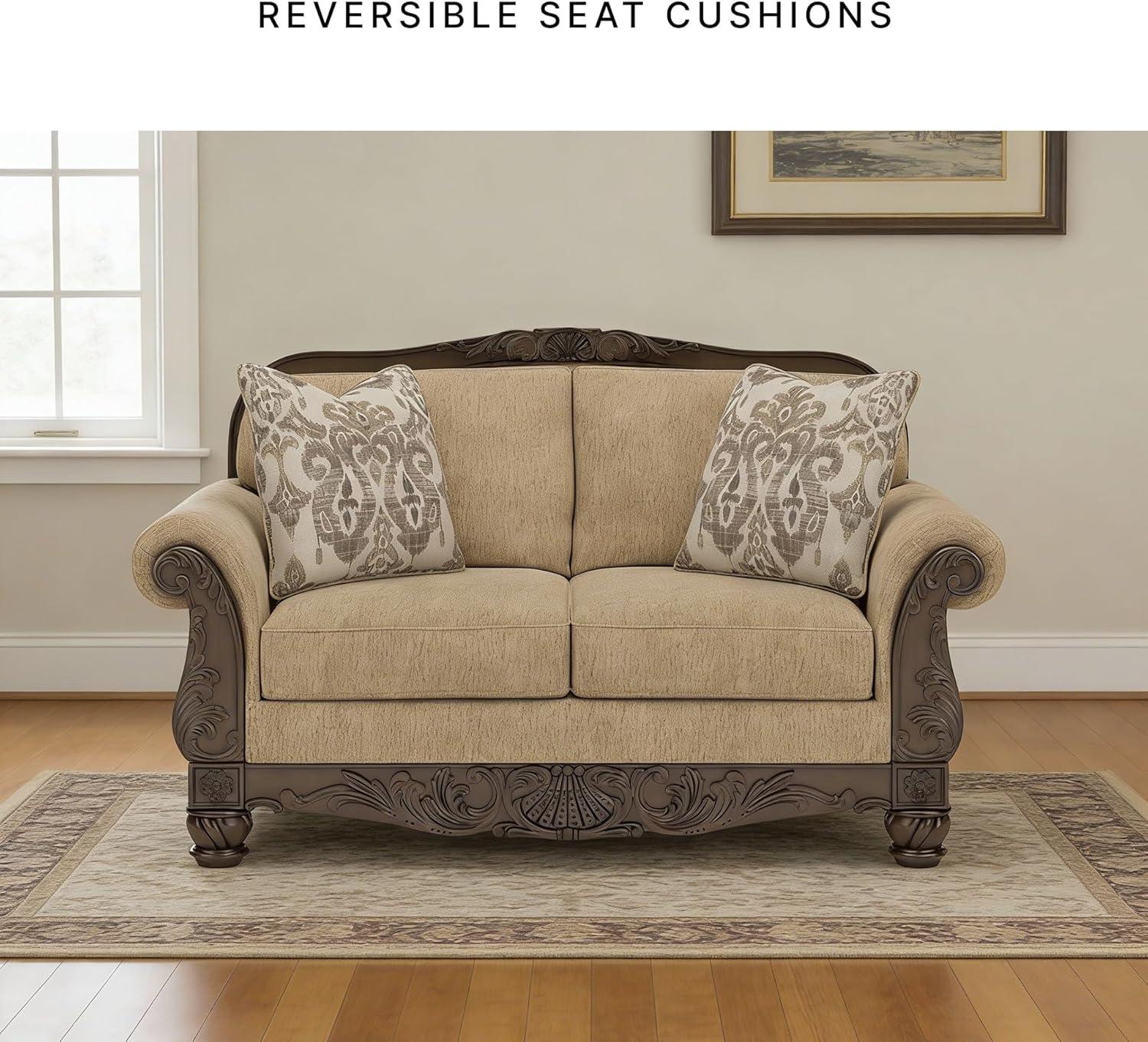 imageSignature Design by Ashley Havenworth Classic Anti Sag Loveseat with Reversible Seat Cushion and 2 Accent Pillows Beige amp Dark Brown