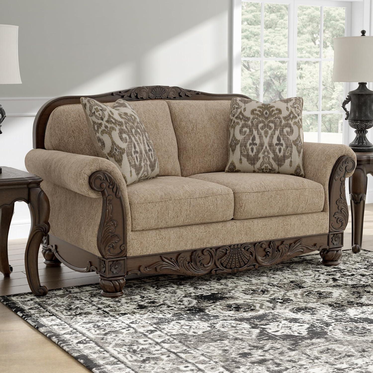imageSignature Design by Ashley Havenworth Classic Anti Sag Loveseat with Reversible Seat Cushion and 2 Accent Pillows Beige amp Dark Brown